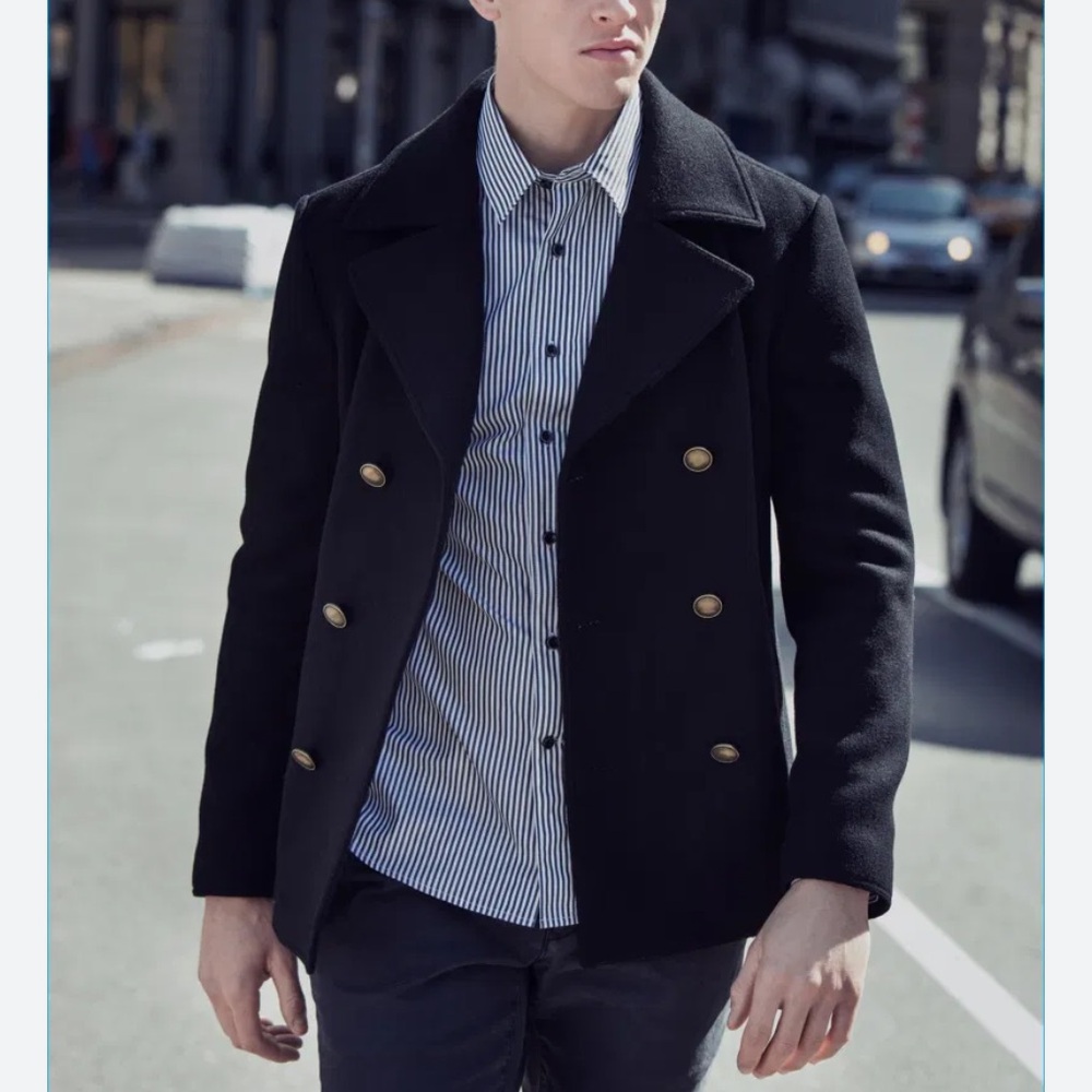 SLATE & STONE Wool Blend Car Coat Men's XL Black Peacoat Double Breasted
